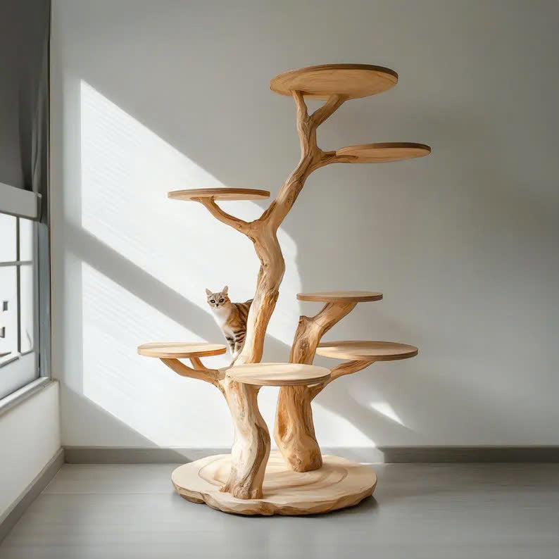 Rustic Natural Solid Wood Cat Tree Wooden Stand Naturally Gift Cat