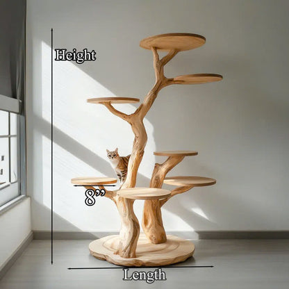 Rustic Natural Solid Wood Cat Tree Wooden  Stand Naturally Gift Cat